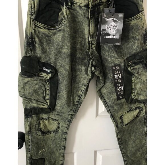 Men's R3BEL Skinny Jeans Denim Distressed Fashion Cargo Pockets Size 36 / 32L - Picture 8 of 9